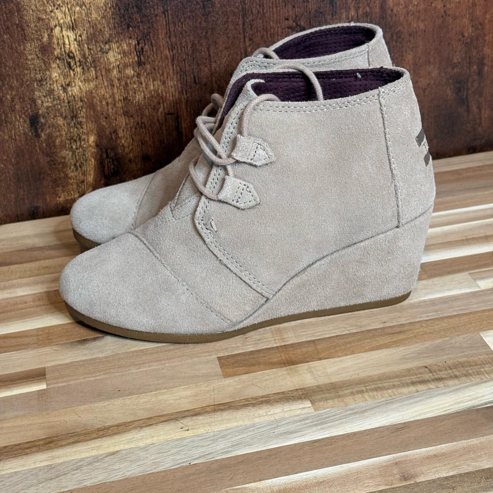 Toms Suede Wedge Ankle Booties in Light Taupe with Purple Lining